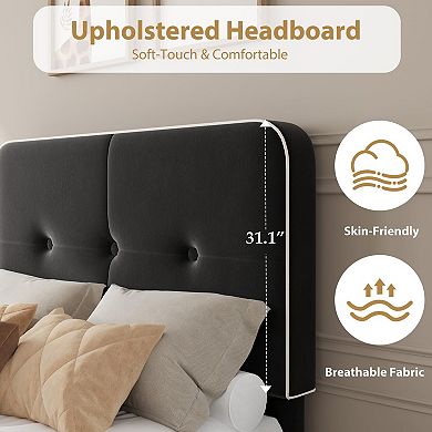 Velvet Bed Frame, Upholstered Platform Bed Frames with Adjustable Headboard, Anti-Noise EVA Sponge