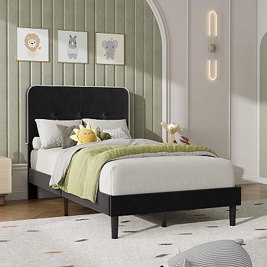 Velvet Bed Frame, Upholstered Platform Bed Frames with Adjustable Headboard, Anti-Noise EVA Sponge