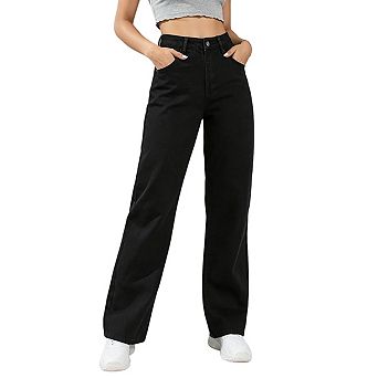 Womens High Waisted Straight Leg Jeans Classic Button Closure Denim Pants