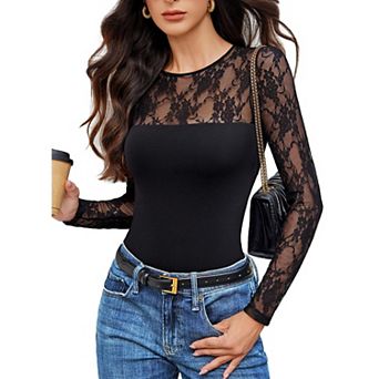 Avidlove Christmas Outfits for Women Long Sleeve Bodysuit Lace Crew Neck Body Suits Going Out Tops