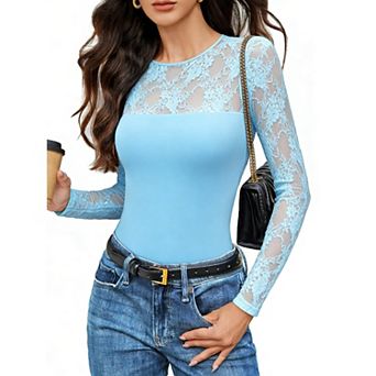 Avidlove Christmas Outfits for Women Long Sleeve Bodysuit Lace Crew Neck Body Suits Going Out Tops