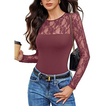 Avidlove Christmas Outfits for Women Long Sleeve Bodysuit Lace Crew Neck Body Suits Going Out Tops