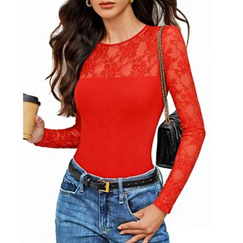 Avidlove Christmas Outfits for Women Long Sleeve Bodysuit Lace Crew Neck Body Suits Going Out Tops