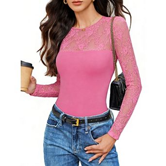 Avidlove Christmas Outfits for Women Long Sleeve Bodysuit Lace Crew Neck Body Suits Going Out Tops