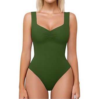 Avidlove Bodysuit Women Sweetheart Neck Ruched Body Suits Seamless Double Lined Tank Top Army