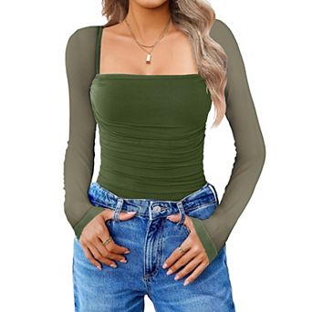 Avidlove Women Mesh Long Sleeve Bodysuit Shirts Square Neck Ruched Body Suit Sheer Tops Date