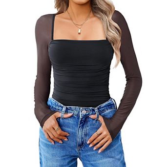 Avidlove Women Mesh Long Sleeve Bodysuit Shirts Square Neck Ruched Body Suit Sheer Tops Date