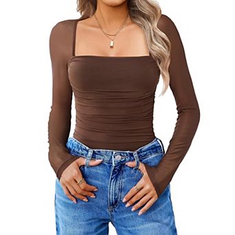 Avidlove Women Mesh Long Sleeve Bodysuit Shirts Square Neck Ruched Body Suit Sheer Tops Date