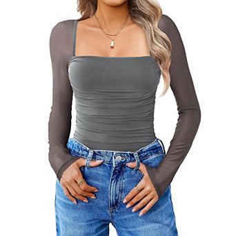 Avidlove Women Mesh Long Sleeve Bodysuit Shirts Square Neck Ruched Body Suit Sheer Tops Date