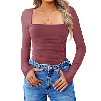 Avidlove Women Mesh Long Sleeve Bodysuit Shirts Square Neck Ruched Body Suit Sheer Tops Date