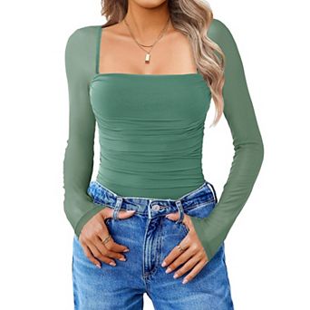 Avidlove Women Mesh Long Sleeve Bodysuit Shirts Square Neck Ruched Body Suit Sheer Tops Date