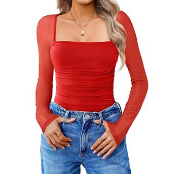 Avidlove Women Mesh Long Sleeve Bodysuit Shirts Square Neck Ruched Body Suit Sheer Tops Date