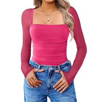 Avidlove Women Mesh Long Sleeve Bodysuit Shirts Square Neck Ruched Body Suit Sheer Tops Date