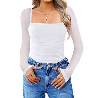 Avidlove Women Mesh Long Sleeve Bodysuit Shirts Square Neck Ruched Body Suit Sheer Tops Date
