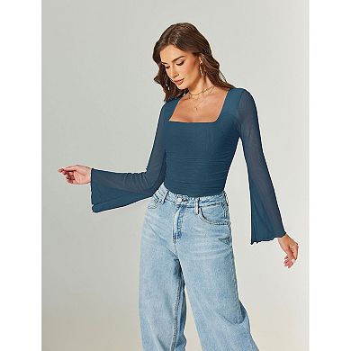 Avidlove Bodysuits for Women Long Bell Sleeve Mesh Square Neck Body Suits Going Out Tops Ruched