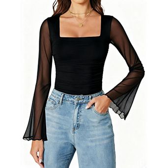 Avidlove Bodysuits for Women Long Bell Sleeve Mesh Square Neck Body Suits Going Out Tops Ruched