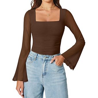Avidlove Bodysuits for Women Long Bell Sleeve Mesh Square Neck Body Suits Going Out Tops Ruched