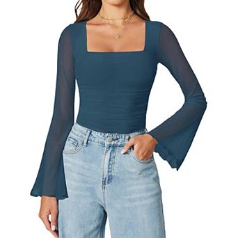 Avidlove Bodysuits for Women Long Bell Sleeve Mesh Square Neck Body Suits Going Out Tops Ruched