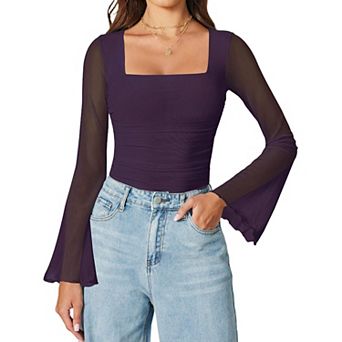 Avidlove Bodysuits for Women Long Bell Sleeve Mesh Square Neck Body Suits Going Out Tops Ruched