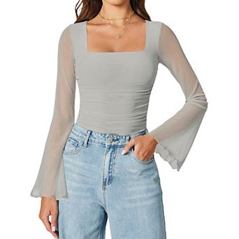 Avidlove Bodysuits for Women Long Bell Sleeve Mesh Square Neck Body Suits Going Out Tops Ruched