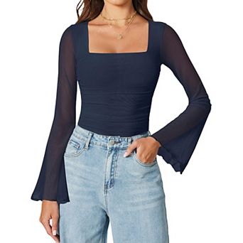 Avidlove Bodysuits for Women Long Bell Sleeve Mesh Square Neck Body Suits Going Out Tops Ruched