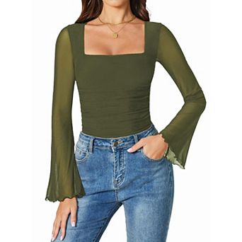 Avidlove Bodysuits for Women Long Bell Sleeve Mesh Square Neck Body Suits Going Out Tops Ruched