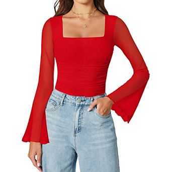 Avidlove Bodysuits for Women Long Bell Sleeve Mesh Square Neck Body Suits Going Out Tops Ruched