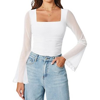 Avidlove Bodysuits for Women Long Bell Sleeve Mesh Square Neck Body Suits Going Out Tops Ruched