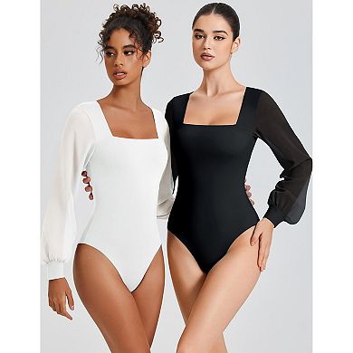 Avidlove Long Sleeve Body Suits Womens Square Neck Mesh Thong Bodysuit Going out Outfit