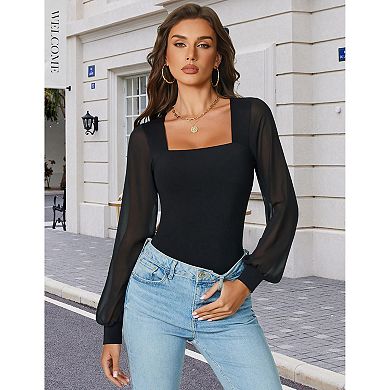 Avidlove Long Sleeve Body Suits Womens Square Neck Mesh Thong Bodysuit Going out Outfit