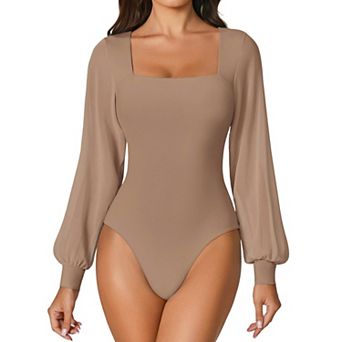 Avidlove Long Sleeve Body Suits Womens Square Neck Mesh Thong Bodysuit Going out Outfit
