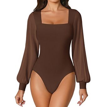 Avidlove Long Sleeve Body Suits Womens Square Neck Mesh Thong Bodysuit Going out Outfit