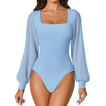 Avidlove Long Sleeve Body Suits Womens Square Neck Mesh Thong Bodysuit Going out Outfit