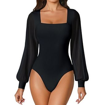 Avidlove Long Sleeve Body Suits Womens Square Neck Mesh Thong Bodysuit Going out Outfit