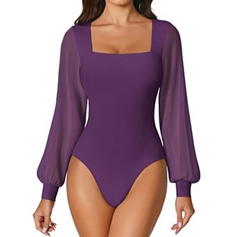 Avidlove Long Sleeve Body Suits Womens Square Neck Mesh Thong Bodysuit Going out Outfit