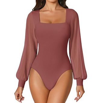 Avidlove Long Sleeve Body Suits Womens Square Neck Mesh Thong Bodysuit Going out Outfit