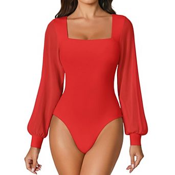 Avidlove Long Sleeve Body Suits Womens Square Neck Mesh Thong Bodysuit Going out Outfit
