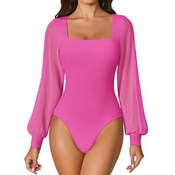 Avidlove Long Sleeve Body Suits Womens Square Neck Mesh Thong Bodysuit Going out Outfit