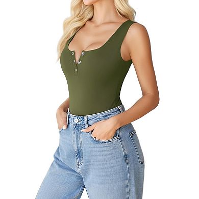 Avidlove Bodysuits for Women Button Down Square Neck Sleeveless Body Suit Snap Closure Double Lined
