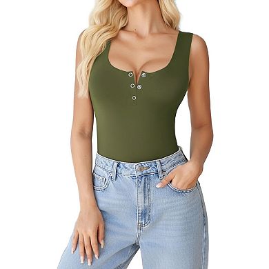 Avidlove Bodysuits for Women Button Down Square Neck Sleeveless Body Suit Snap Closure Double Lined