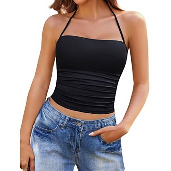Avidlove Halter Tops for Women Going Out Double Lined Crop Tank Top Ruched Slim Fit Cami Y2K