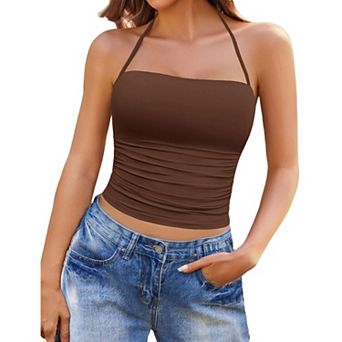 Avidlove Halter Tops for Women Going Out Double Lined Crop Tank Top Ruched Slim Fit Cami Y2K