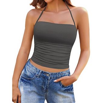 Avidlove Halter Tops for Women Going Out Double Lined Crop Tank Top Ruched Slim Fit Cami Y2K
