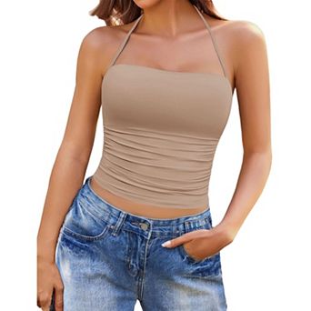 Avidlove Halter Tops for Women Going Out Double Lined Crop Tank Top Ruched Slim Fit Cami Y2K