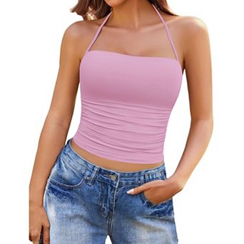 Avidlove Halter Tops for Women Going Out Double Lined Crop Tank Top Ruched Slim Fit Cami Y2K
