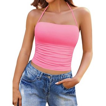 Avidlove Halter Tops for Women Going Out Double Lined Crop Tank Top Ruched Slim Fit Cami Y2K