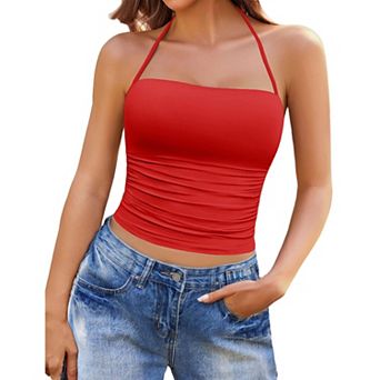 Avidlove Halter Tops for Women Going Out Double Lined Crop Tank Top Ruched Slim Fit Cami Y2K