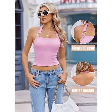 Avidlove Halter Tops for Women Double Lined Ribbed Crop Tank Top Backless Going Out Cami Slim