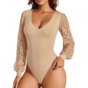 Avidlove Bodysuits for Women Long Sleeve V Neck Lace Bodysuit Going Out Outfits T Shirt Tops