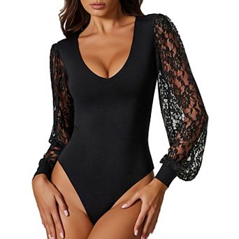 Avidlove Bodysuits for Women Long Sleeve V Neck Lace Bodysuit Going Out Outfits T Shirt Tops